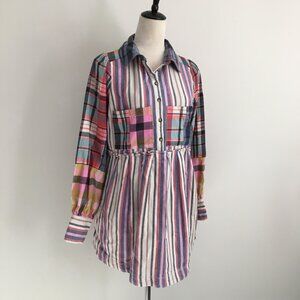 FREE PEOPLE Multi-Color Striped Plaid Pockets Long Sleeve Cotton Dress